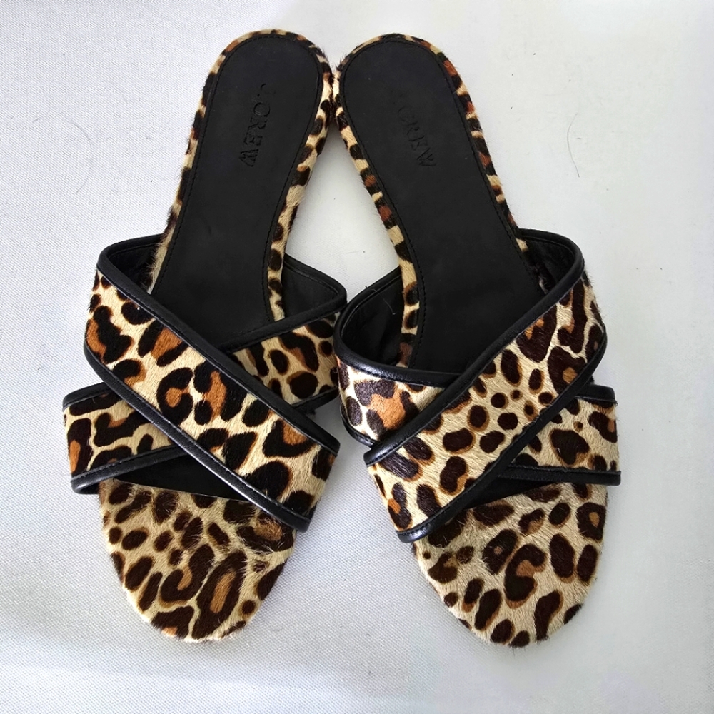 JCrew Cora Leopard Calf Hair Slides size 8.5